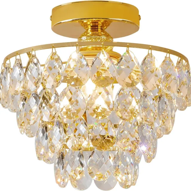 KZQ Moderne Kleine Kristal Plafonnier Met Gouden Basis - Mat Zwart En Goud Semi Flush Mount - Mini Kristal Kroonluchter Voor Hal Slaapkamer Badkamer Kast En Foyer