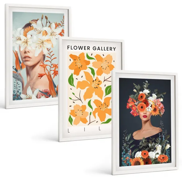 Coloray 3-Delige Schilderij Set - Bloemenportretten Met Kleurrijke Boeketten En Bladeren - 40 x 60 - Moderne Wanddecoratie - Slaapkamer - Decoratieve Schilderijen Witte lijst