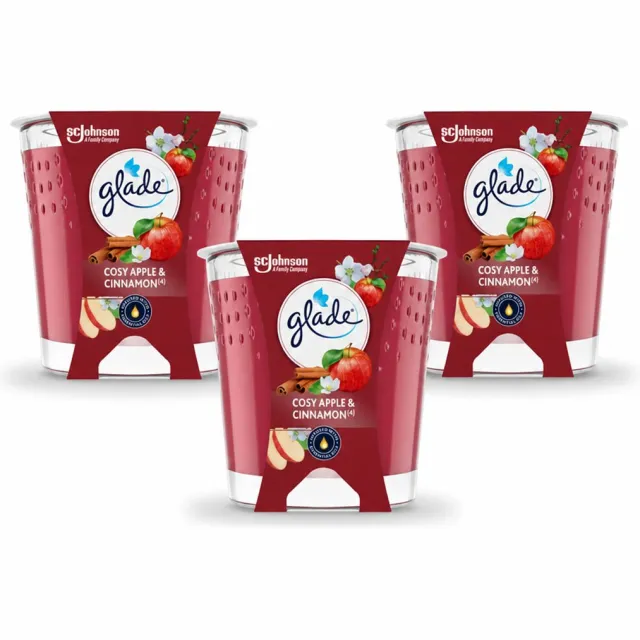 Glade 3 x Glade - Geurkaars Cosy Appel Kaneel - 100% Raapzaadwas & Vegan - 112 g - Voordeelverpakking - 3 stuks rood