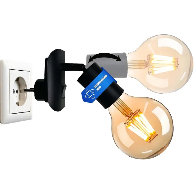 Trango stekkerlamp 11-059A incl. 1x 4 watt 2500K goud warmwit E27 LED-lamp in mat zwart *ANNA* fittinglamp, leeslamp, nachtlampje, wandlamp, keukenlamp, stekkerlamp Zwart mat