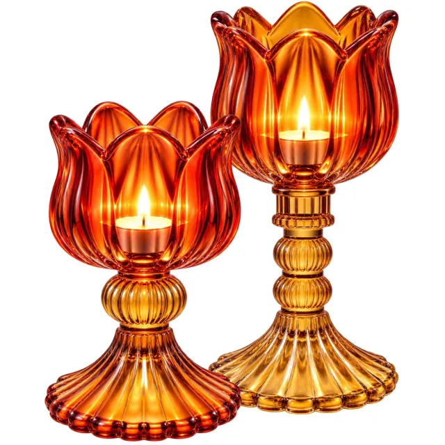 Winq Theelichthouder in Amber met Geel-Set 2-Waxinehouders glas