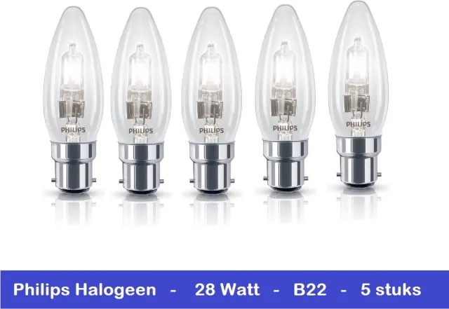 Philips HALOGEEN KAARS - 5 STUKS - B22 BAJONET FITTING - 28 WATT - DIMBAAR - 5 x 8718291737575 Helder