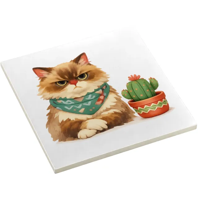Mr Cadeautjes Decoratie tegel Een norse egel met een kleine bloempot vol stekelige vetplan - 10,8 x 10,8 cm, keramiek - keuken, badkamer, woonkamer | cadeau Wit