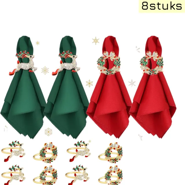 SWGOTA 8 stuks - Kerstversieringen - Servetringen - Rendier en kerstkrans - Voor feesttafelversiering - Hotel- en woondecoratie - Geschikt voor Kerstmis - Rood + groen