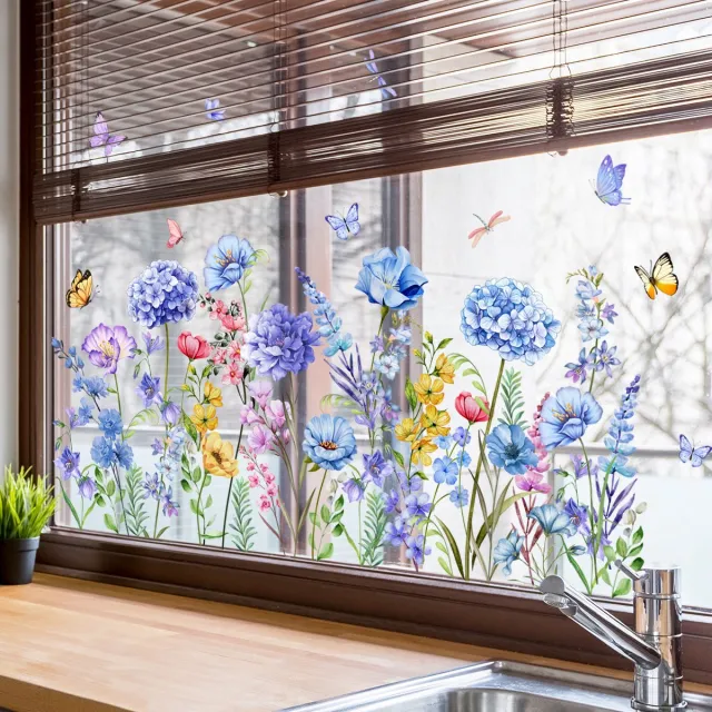 Cyslmuk 2 stuks (30 x 60cm)Aquarel bloemen raamstickers - Lente bloemen raamstickers - herbruikbare, statische raamstickers - voor glas, huis, keuken, woonkamer decoratie - Bescherming tegen vogelaanvaringen - Blauwpaarse hortensia tulp decoratie | Cyslmuk®