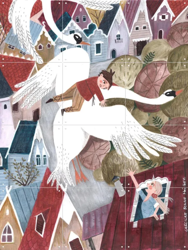 IXXI The magical wild geese, Caroline Bonne Müller & Various - 60 x 80 cm - Grote wanddecoratie en posters - Speels, Kleurrijk, Fantasierijk Rood / Wit
