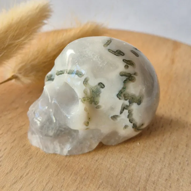 Moonlight Gemstones Mosagaat Skull Carving #2 | 5–6 cm Geslepen Edelsteen Meerkleurig