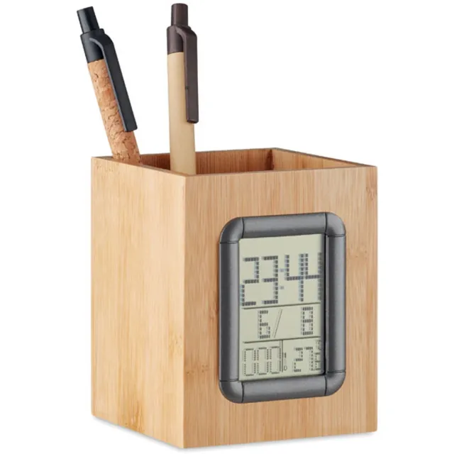 Midocean Multifunctionele Wekker met Pennenhouder - Digitale Klok van Bamboe Hout - Wekker met Temperatuur- en Luchtvochtigheidsmeter - Bureau Organizer voor Studenten en Kantoor - Houtlook