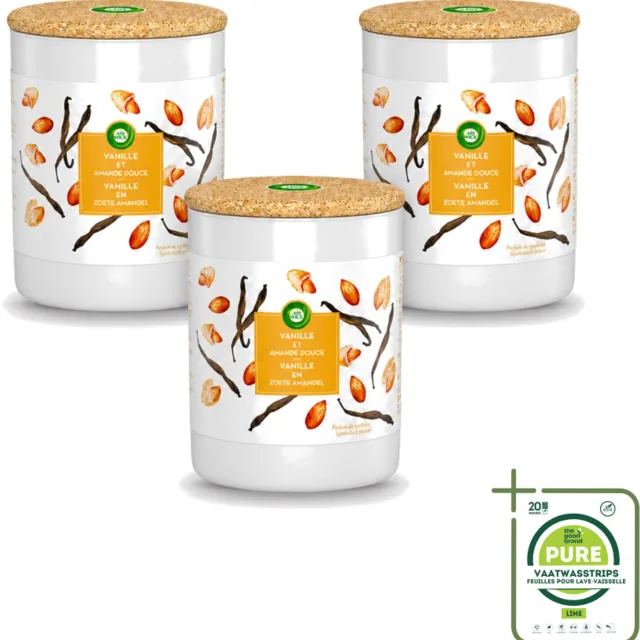 Air Wick 3 x Air Wick - Geurkaars - Vanille & Zoete Amandel - 35 Uur Brandduur - Grootverpakking - Vaatwasstrips - Geurkaars - Vanille - Amandel - Warme Geur - Sfeer Oranje
