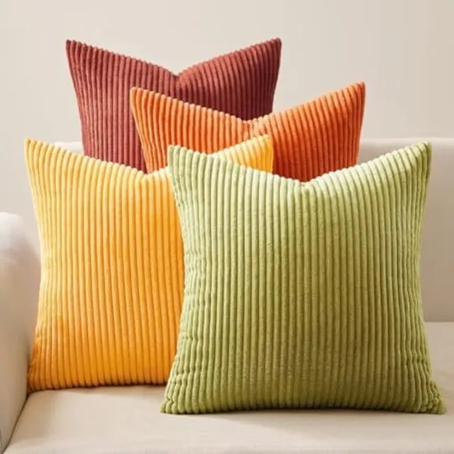 Famanu Kussenhoezen set van 4 stuks van ribfluweel in geel, groen en oranje, decoratieve hoezen voor sierkussens, ideaal voor de woonkamer en slaapbank, fluffy en zacht