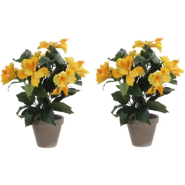 Mica Decorations Kunstplant Hibiscus - 2x stuks - geel - H40 x D30 cm - grijze pot - Kunstplanten/nepplanten met bloemen