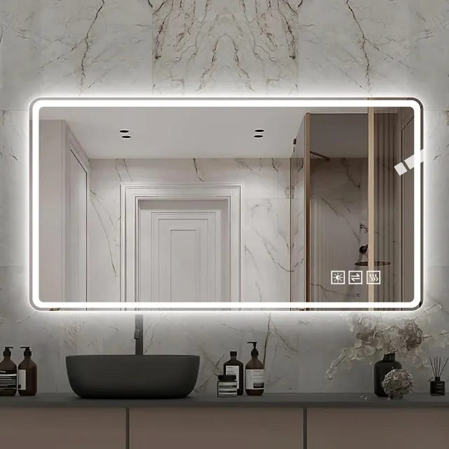 REDOM LED badkamerspiegel - Zonder frame met matte lichtrand - Front- en achtergrondverlichting - Modern - Badkamer - Glas en metaal - Zilver - 60 x 100 cm