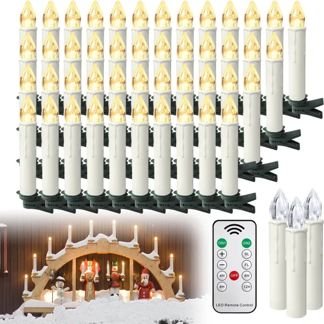 ACXIN LED Kerzen Met Afstandsbediening Warm Wit – Draadloze Kerst Kaarsen Met Clips – Timer – Ø17mm x 10cm – 50 Stuks – Zonder Batterijen