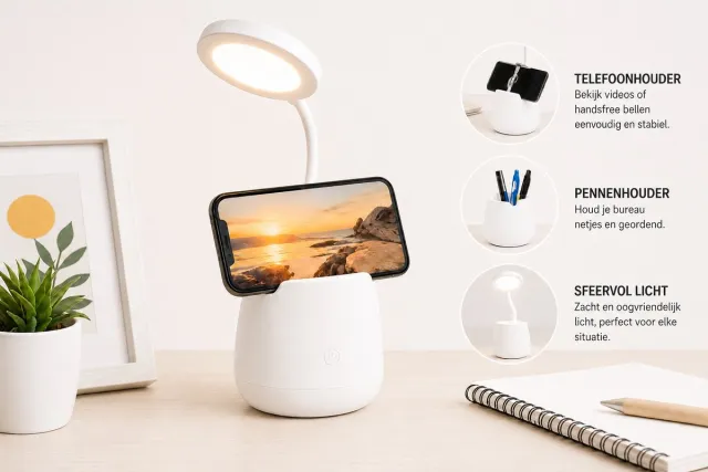 Binalight LED Bureaulamp met Pennenhouder – Draadloos – USB Oplaadbaar – Touch Bediening – Wit