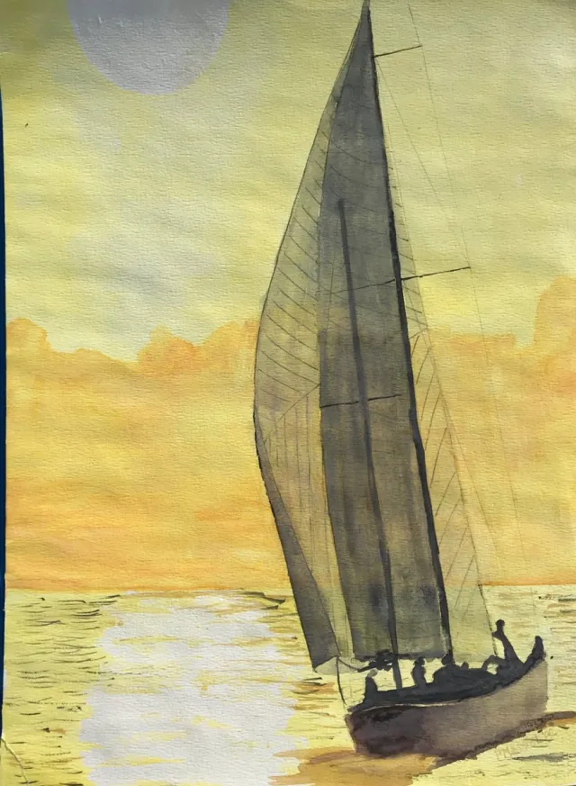 Peter C. Mantel Sailboat at sunset – Aquarel on paper - 40x30cm geel