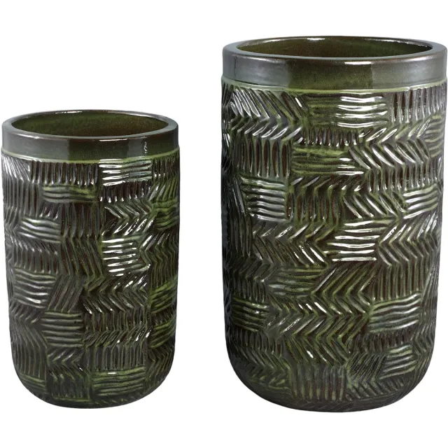 PTMD Nikko Dark Green Ceramic Pot Round Pattern Set Of2 Groen