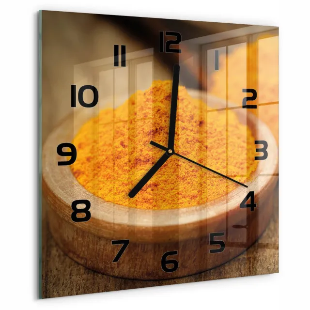 TULUP Wandklok - Kurkuma specerij Decoratieve Glazen Klok - 30x30 cm - Oranje Glazen Wandklok Design - Zwarte handen - Vierkante Klok - Glazen Klok Met Print - Wandklok Glas Met Motief