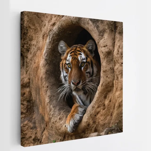 Saammp Canvas Schilderij - Tijger met groot gat - Natuur - Dieren - 60x60 - Foto op canvas - Wanddecoratie - muurdecoratie Woonkamer - Slaapkamer decoratie - Canvas Print Multicolor