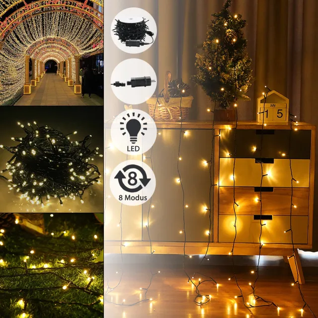 Aufun Lichtketting buiten 30 m met 300 LED's – Warmwit, IP44 waterdicht – 8 lichtmodi met geheugenfunctie, voor binnen & buiten, kerstfeest en feestdagen