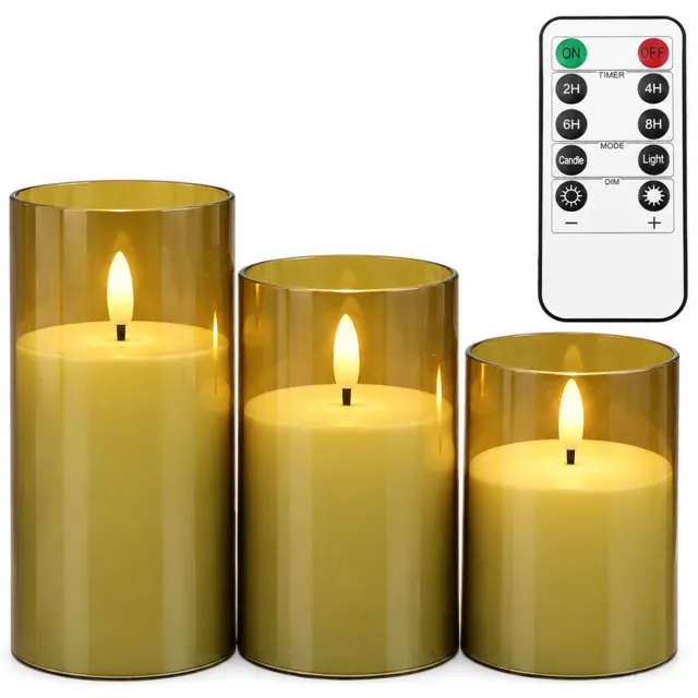 SWGOTA led kaarsen, set van 3 met bruine behuizing en warme vlamvormige verlichting, afstandsbediening en timer, inclusief knoopcel voor de afstandsbediening