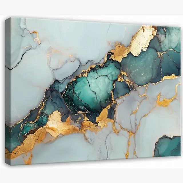 WALLARENA Canvas schilderij - 100x70 cm - abstracte marmer goud groen voor slaapkamer woonkamer op doek