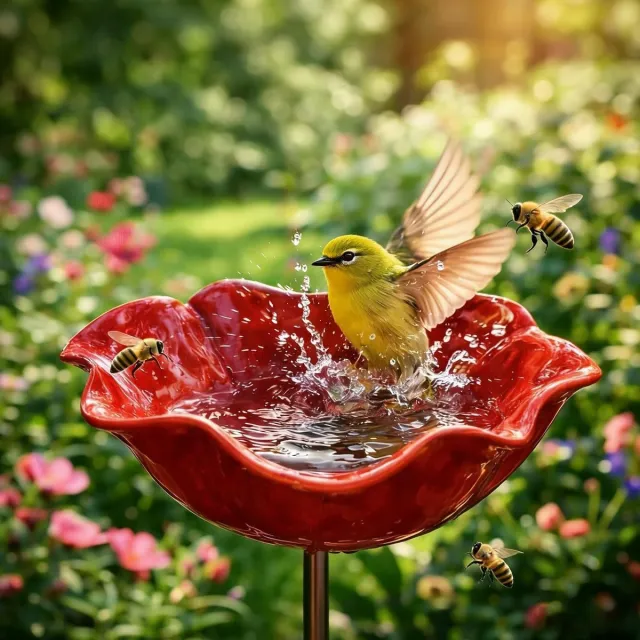 KZQ Handgemaakte Metalen Bloem Tuinsteker Bijen Drinkstation En Bijenbad Met Bloemmotief En Vlinderdesign Voor Tuindecoratie rood