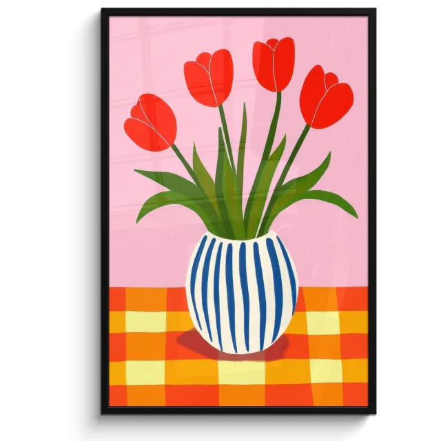FrameYourWall Poster in lijst - Fotolijst 80x120 cm - Posters - Tulpen - Roze - Vaas - Posterlijst zwart - Decoratie - Wanddecoratie woonkamer - Muurdecoratie slaapkamer