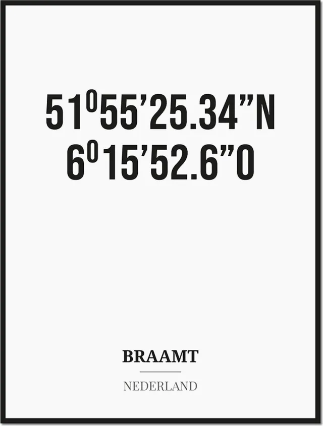Studio216 Poster/kaart BRAAMT met coördinaten zwart, wit