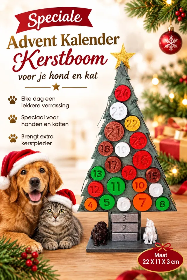Hetty'S Speciale Advent Kalender - Kerstboom - Hond - Kat - Maat 22 X 11 X 3 cm Naturel, groen, wit,rood