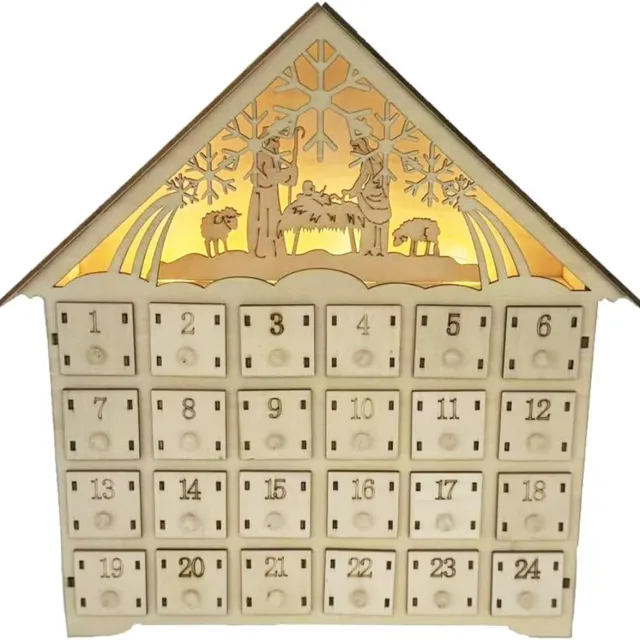 KCVV Houten adventskalender – 24 lades – Met ledverlichting – Adventskalender – Aftelkalender – Kerstdecoratie – Batterijen niet inbegrepen Wit