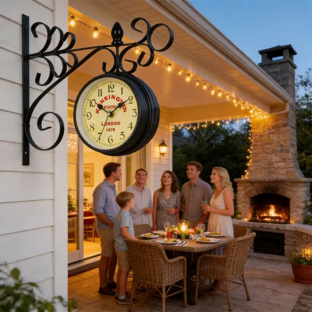 CHOOLY Dubbelzijdige Vintage Wandklok Met Smeedijzeren Standaard - Stil Kwartsuurwerk Verweerde Wijzerplaat 360° Afleesbaar - Britse Retrostijl Voor Terras, Tuin En Bar - Zwart