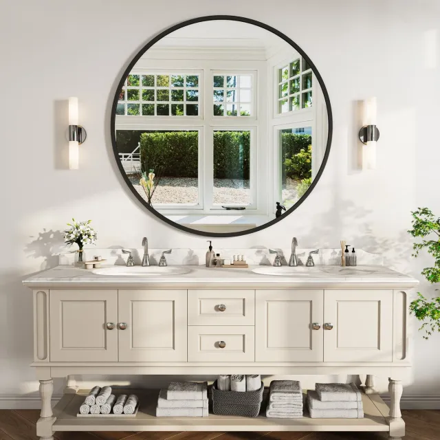 ROSAHQNDA Wandspiegel 75 cm, ronde spiegel van gehard glas, make-up spiegel voor slaapkamer, moderne spiegel, zwart