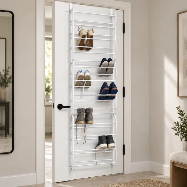 LG Life's green Life's Green Schoenenrek deur – Voor alle binnendeuren – Schoenenrek hangend voor 24 tot 36 Paar Schoenen – Schoenenkast - H180xB50xD20cm – Schoenenopberger – Kunststof/Metaal – Wit