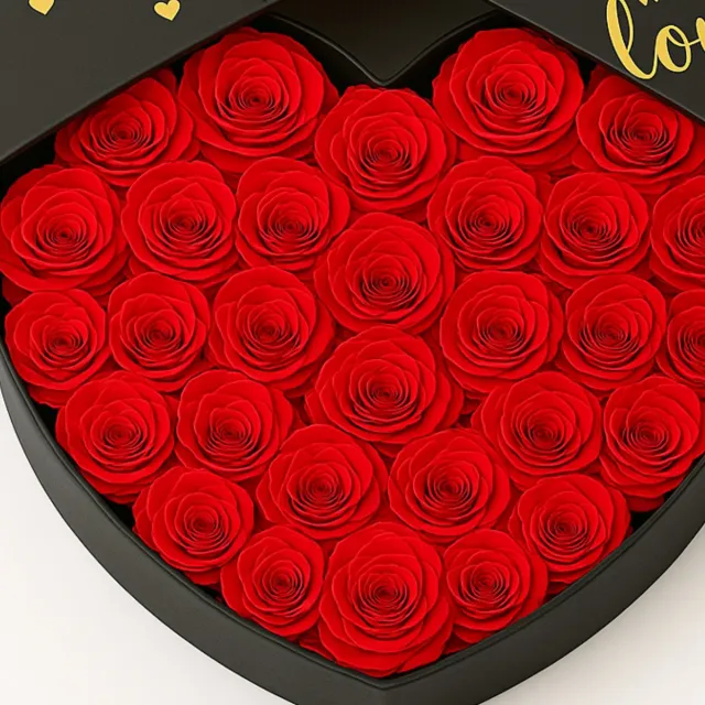 Lovelockers XXL Hartvormige Cadeaudoos met Duurzame Rode Rozen | Circa 35 Grote Rozenknoppen | Moederdag rood , goud,