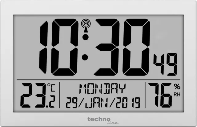 Technoline WS8016 - Wandklok - Digitaal - Radiogestuurde tijdsaanduiding - Dag- en Datumaanduiding - Thermometer - Hygrometer - Grote cijfers - Dementie klok Zilver