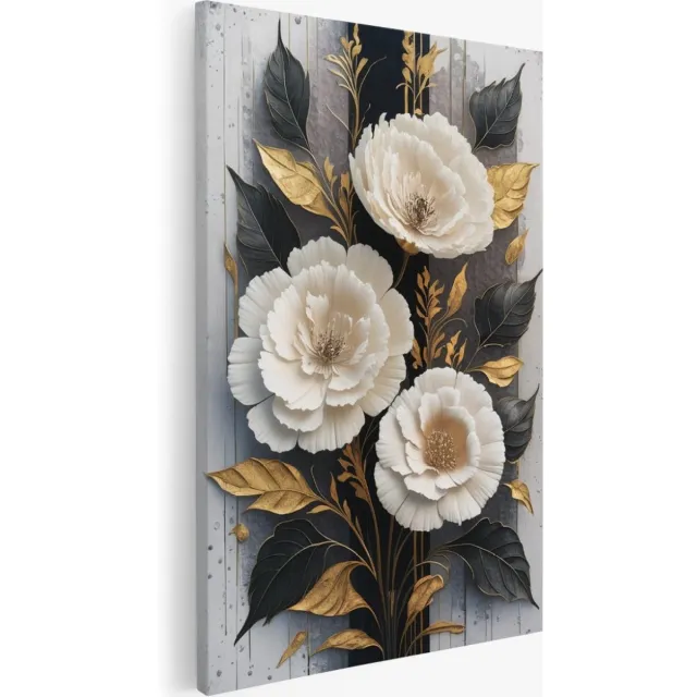 Saammp Canvas Schilderij - Witte Bloemen met goud - Abstract - 40x60 - Foto op canvas - Wanddecoratie - Muurdecoratie Woonkamer - Kantoor Decoratie Multicolor