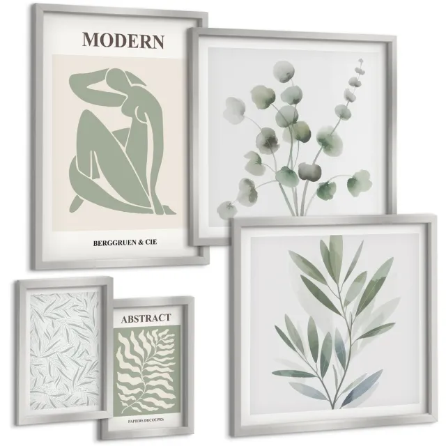 TULUP 4-Delige Schilderij Set - Stijlvolle plantmotieven in een moderne decoratieve stijl. - 50 x 50 cm, 20 x 30 cm en 40 x 60 cm - Wanddecoratie - Schilderijen Set - Interieur - Muurdecoratie Zilveren lijst