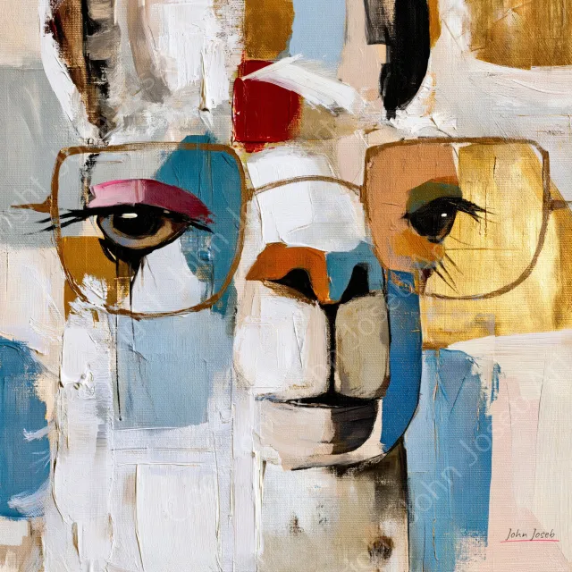 John Joseb Art (Canvas) 100x100 | Grappige Alpaca met make up en bril, humor, abstract, humor, kunst, vierkant, Lama, dier, portret, blauw, bruin, rood, w | Foto-Schilderij canvas print (wanddecoratie) Canvas, dikte 2 cm