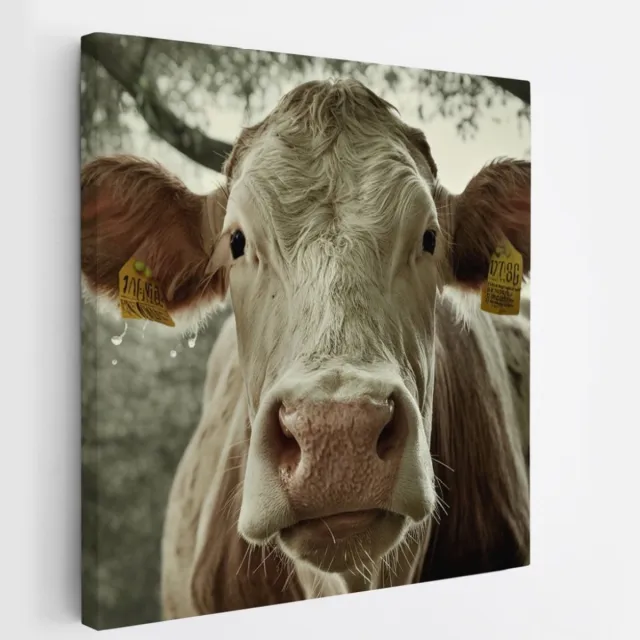 Saammp Canvas Schilderij - Koe - Portret - Natuur - Dieren - 100x100 - Foto op canvas - Wanddecoratie - Muurdecoratie Woonkamer - Slaapkamer decoratie - Canvas Print Multicolor