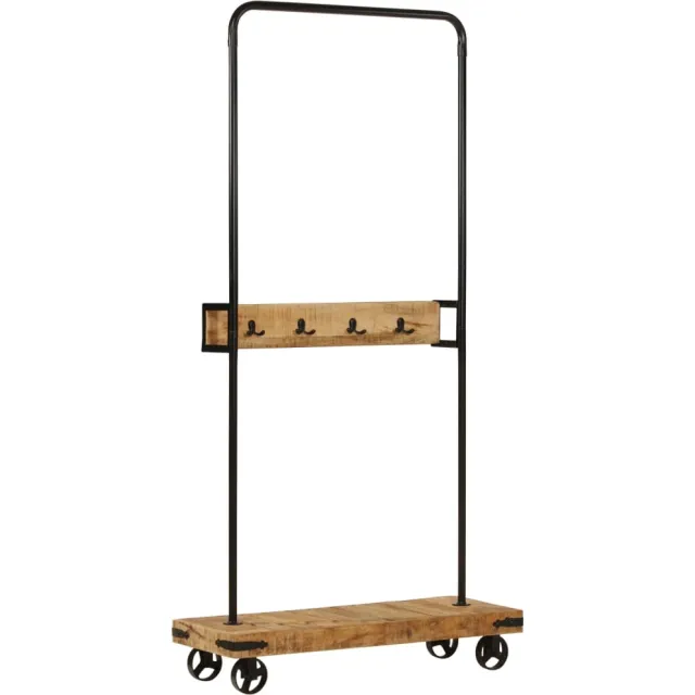 vidaXL Kledingrek met wieltjes 90x35x190 cm massief mangohout en ijzer Bruin