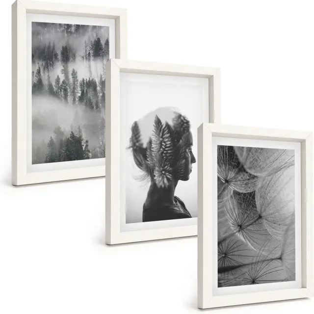 TULUP 3-Delige Schilderij Set - Bos in de mist: portret met bomen en een tere paardenbloem. - 20x30 - Decoratieve Muurdecoratie - Slaapkamer - Moderne Wanddecoratie Witte lijst