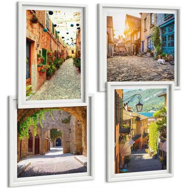 TULUP 4-Delige Schilderij Set - Sfeervolle straatjes met stenen gebouwen en poorten. - 40x40 en 40x60 - Decoratieve Muurdecoratie - Slaapkamer - Moderne Wanddecoratie Witte lijst