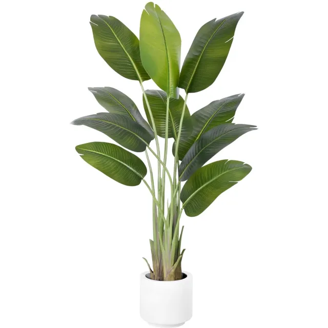 Famanu Kunstmatige paradijsvogelplant 150 cm, grote nepplant met witte pot en 10 bananenbladeren