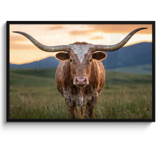 FrameYourWall Poster in lijst - Fotolijst 120x80 cm - Posters - Longhorn - Landschap - Zonsondergang - Posterlijst zwart - Decoratie - Wanddecoratie woonkamer - Muurdecoratie slaapkamer