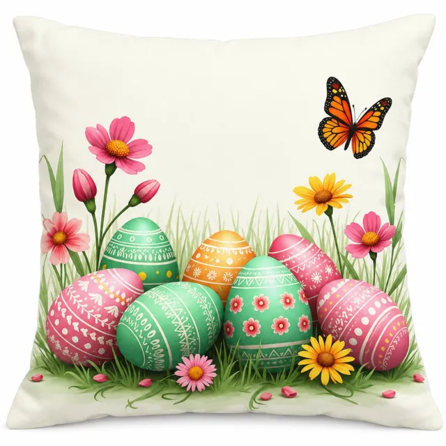 SWGOTA Kussenhoes met paaseieren 45 x 45 cm - Polyester - Vierkant met bloemen en vlinder voor bankdecoratie Crème