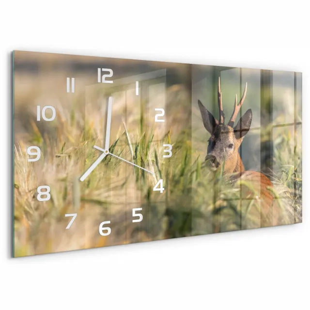 TULUP Wandklok - Hert in het veld Wandklok Glas Met Motief - 60x30 cm - Bruin Decoratieve Glazen Klok - Witte handen - Rechthoekige Klok - Gekleurde Glazen Klok - Glazen Klok Met Print