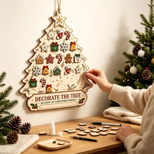 PZCC Adventskalenders - kerst adventskalender - aftelkalender kerst - Houten Adventskalender - kerstdecoratie - 24 Dagen Kerstaftelling – Kerstdecoratie met Ophangfunctie - DIY Kerstboom - 30 x 26 cm Natuurlijke houtkleur