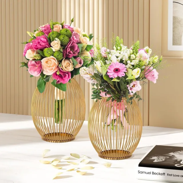 Famanu Vintage windlicht kandelaars set van 2 – Metaal – Voor stompkaarsen – Open/dicht design goud