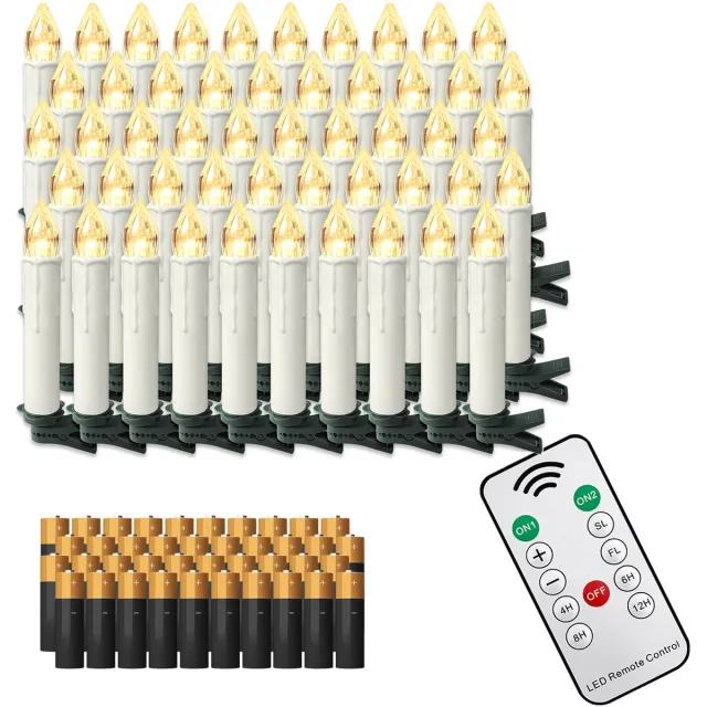 NAIZY 50x LED Kaarsen Kerstkaarsen draadloos warm wit Kerstkaars met timerfunctie afstandsbediening Kerstkaarsen LED kaars met clip, voor feestdecoratie bruiloft feest, met Batterij