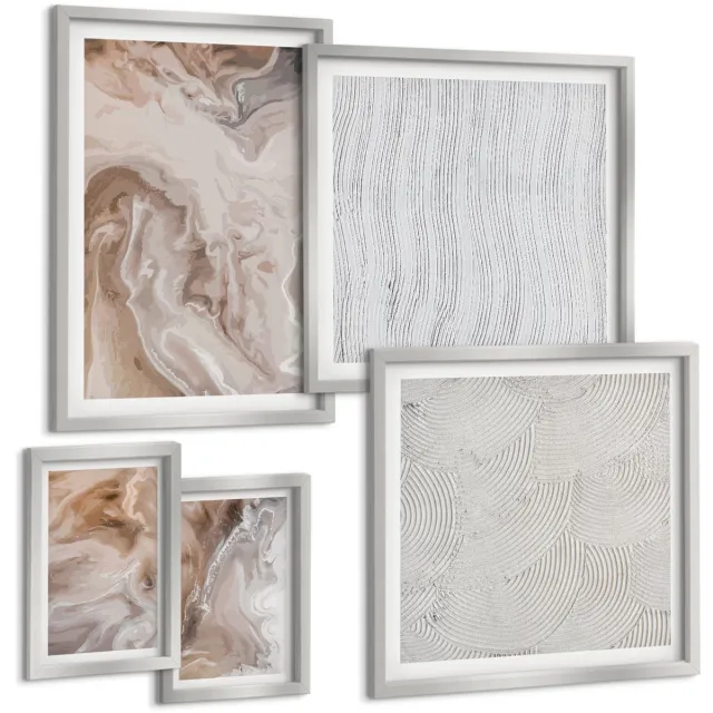 TULUP 4-Delige Schilderij Set - Abstracte marmerpatronen met steenstructuur - 50 x 50 cm, 20 x 30 cm en 40 x 60 cm - Decoratieve Schilderijen - Wanddecoratie - Hal - Muurdecoratie Zilveren lijst